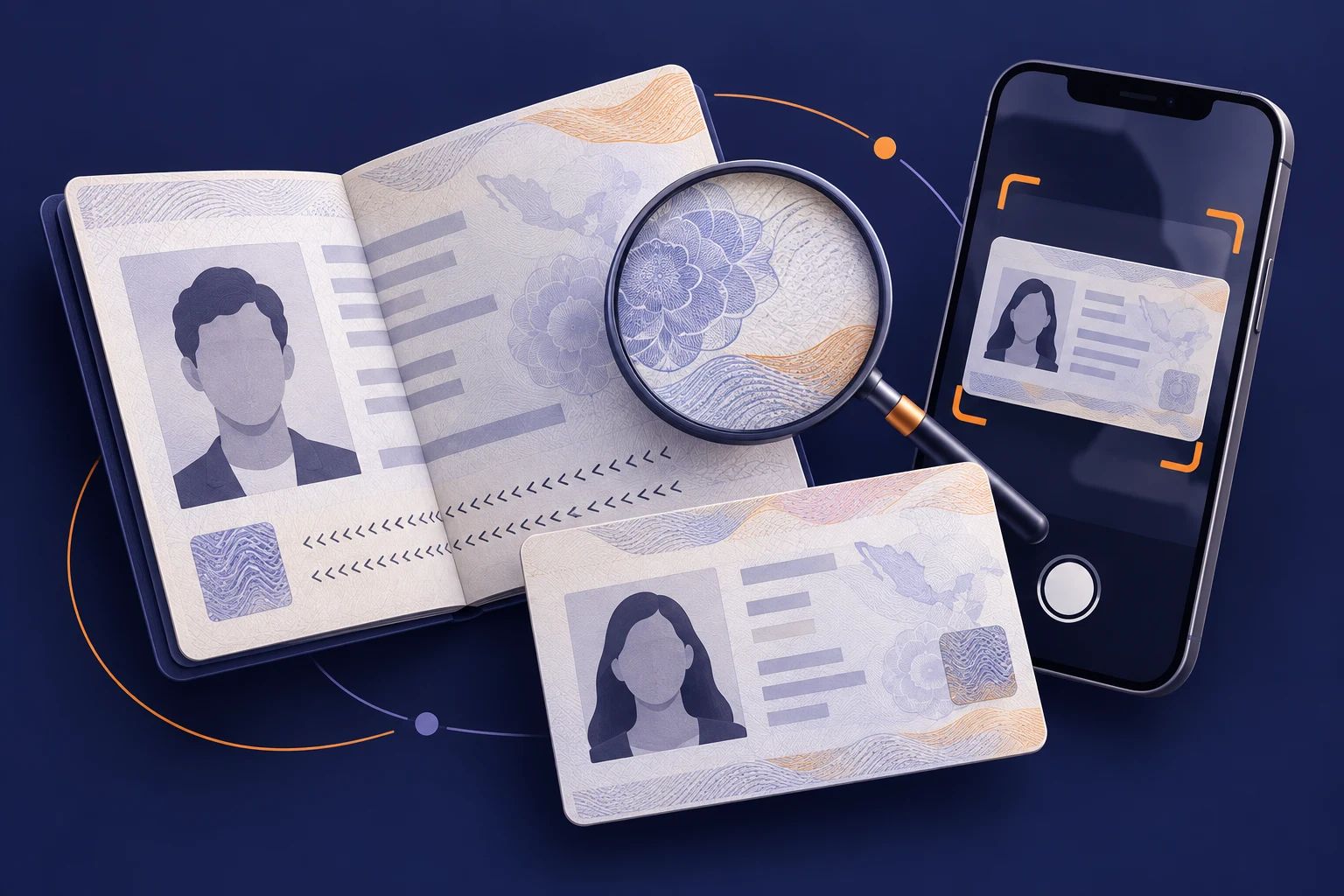 Ilustración de captura y verificación de un pasaporte y una identificación