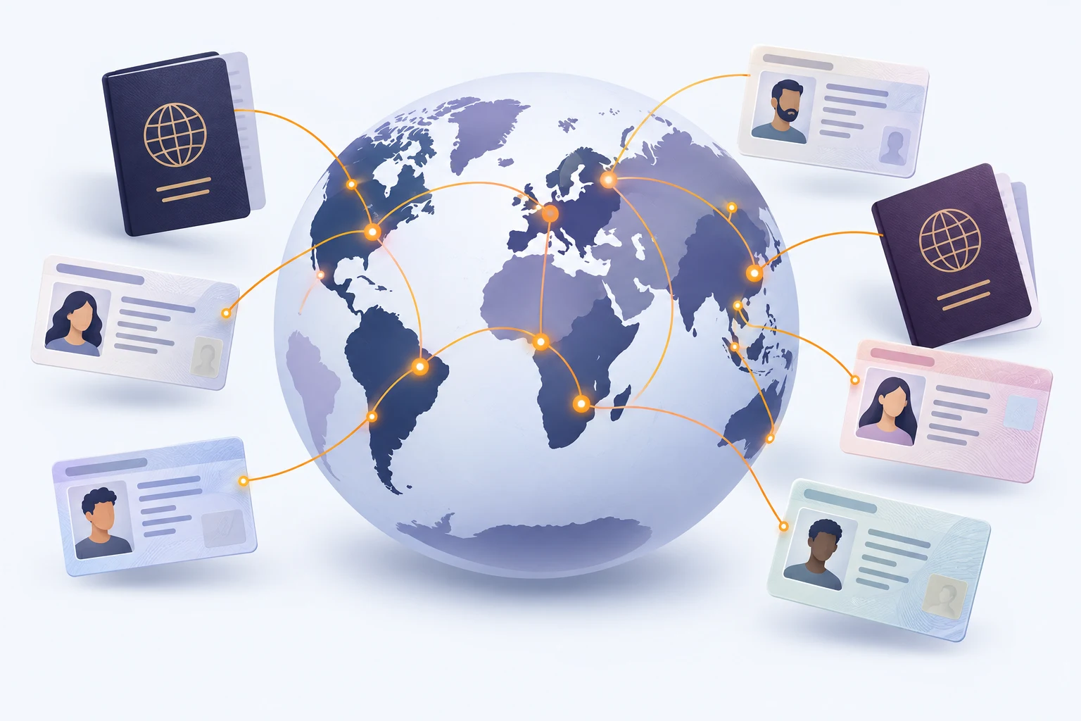 Ilustración conceptual de documentos de identidad y pasaportes de alcance mundial