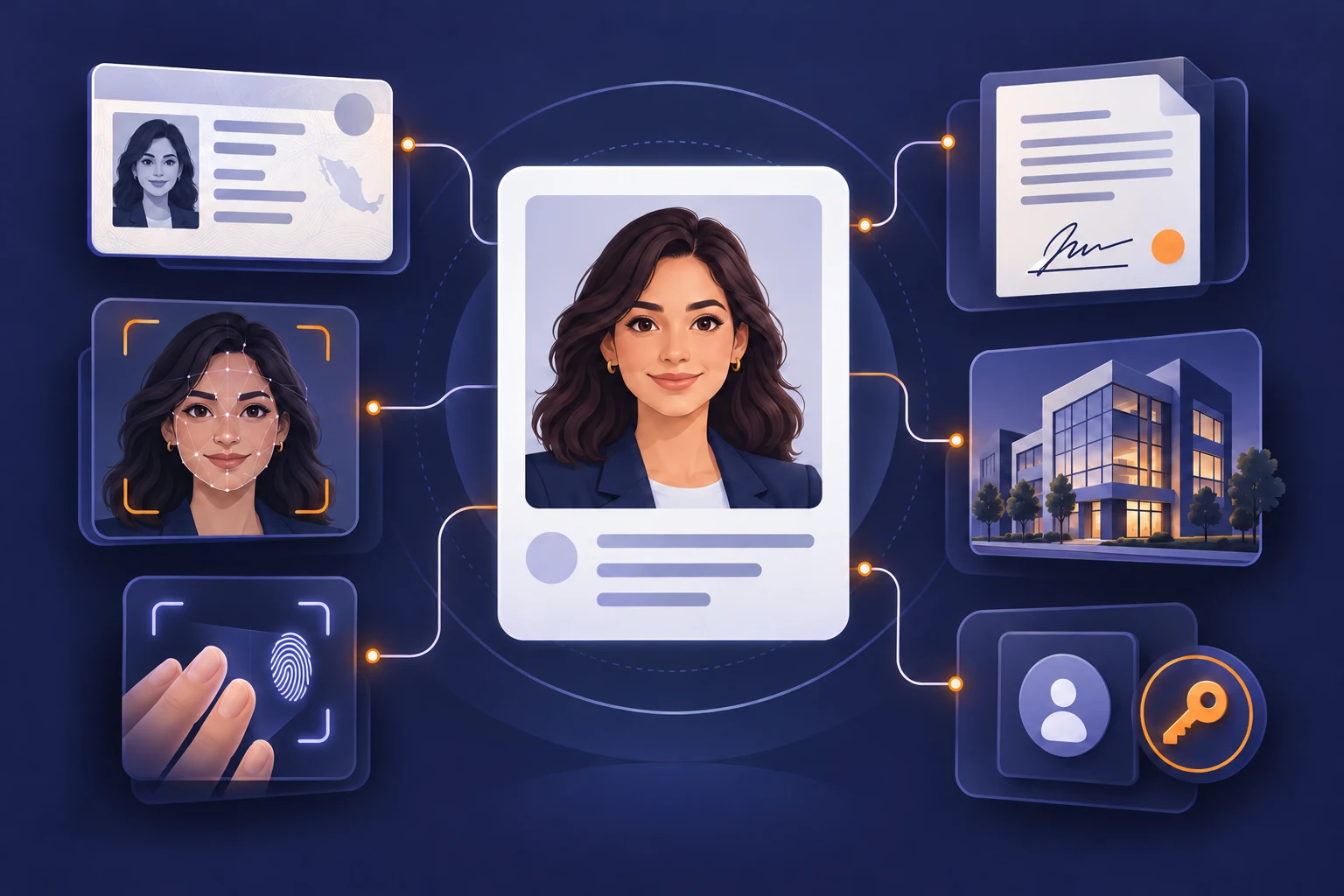 Ilustración del ecosistema modular de identidad, biometría, riesgo, firma y acceso de SUMA