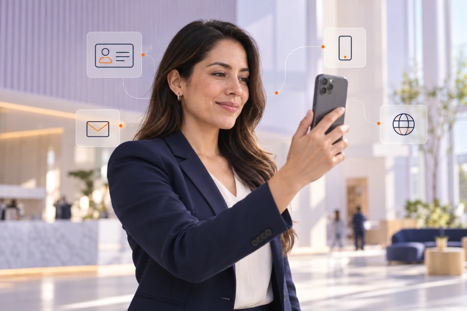 Profesional verificando su identidad desde un teléfono, con señales digitales de documento, correo y conexión