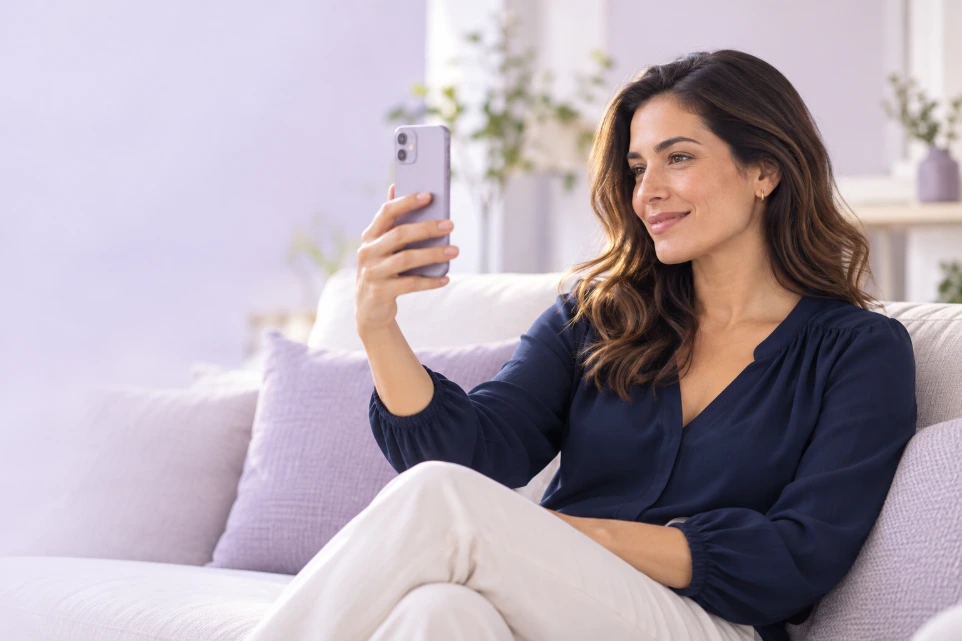 Mujer realizando su enrolamiento digital desde casa con un teléfono móvil