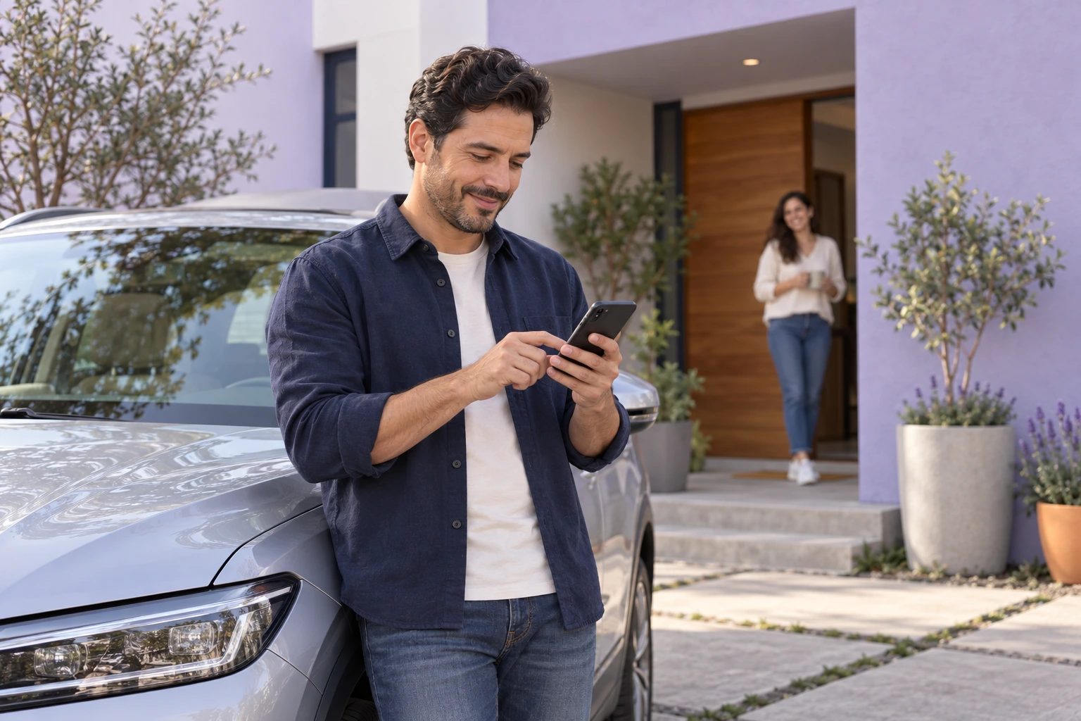 Persona realizando una gestión de seguro desde su teléfono junto a su automóvil y vivienda