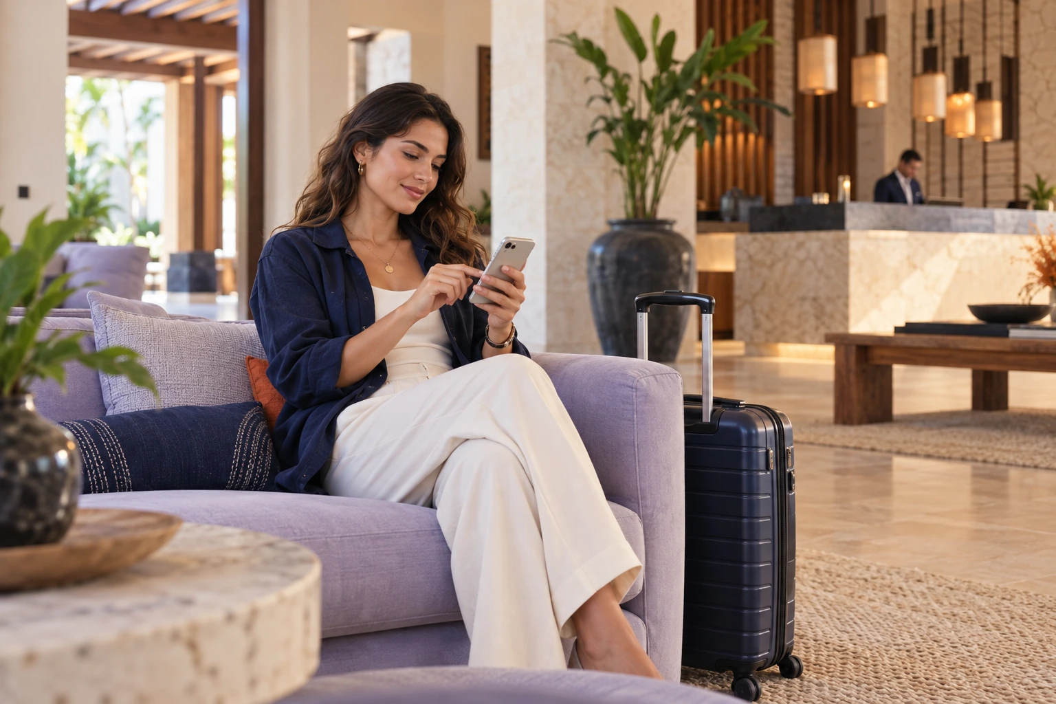 Huésped realizando su registro digital con el teléfono en el lobby de un hotel, junto a su equipaje