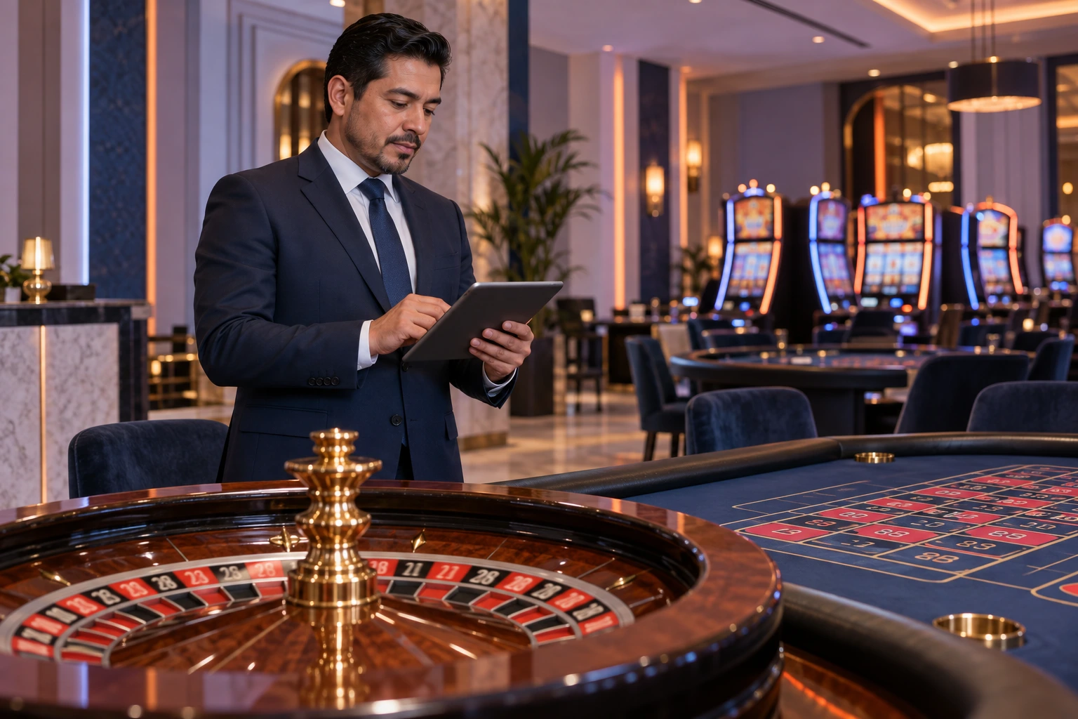 Profesional de operaciones revisando una tableta junto a una mesa de ruleta en un casino