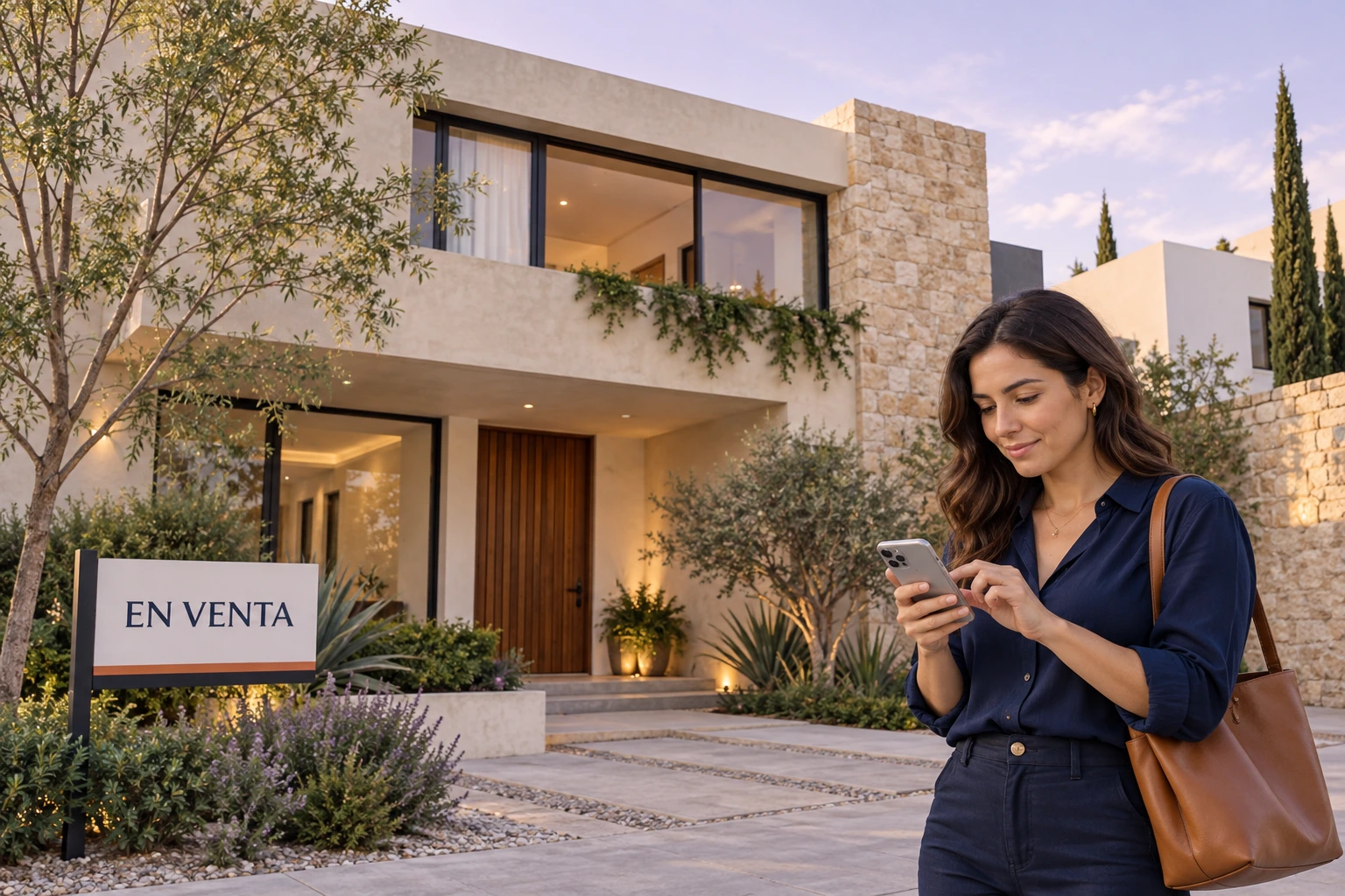 Mujer utilizando su teléfono para un registro digital frente a una casa en venta