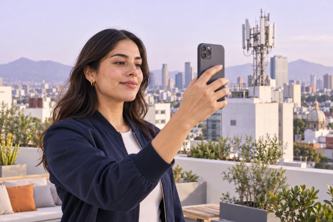 Mujer realizando una verificación facial con su móvil, con una antena de telecomunicaciones al fondo